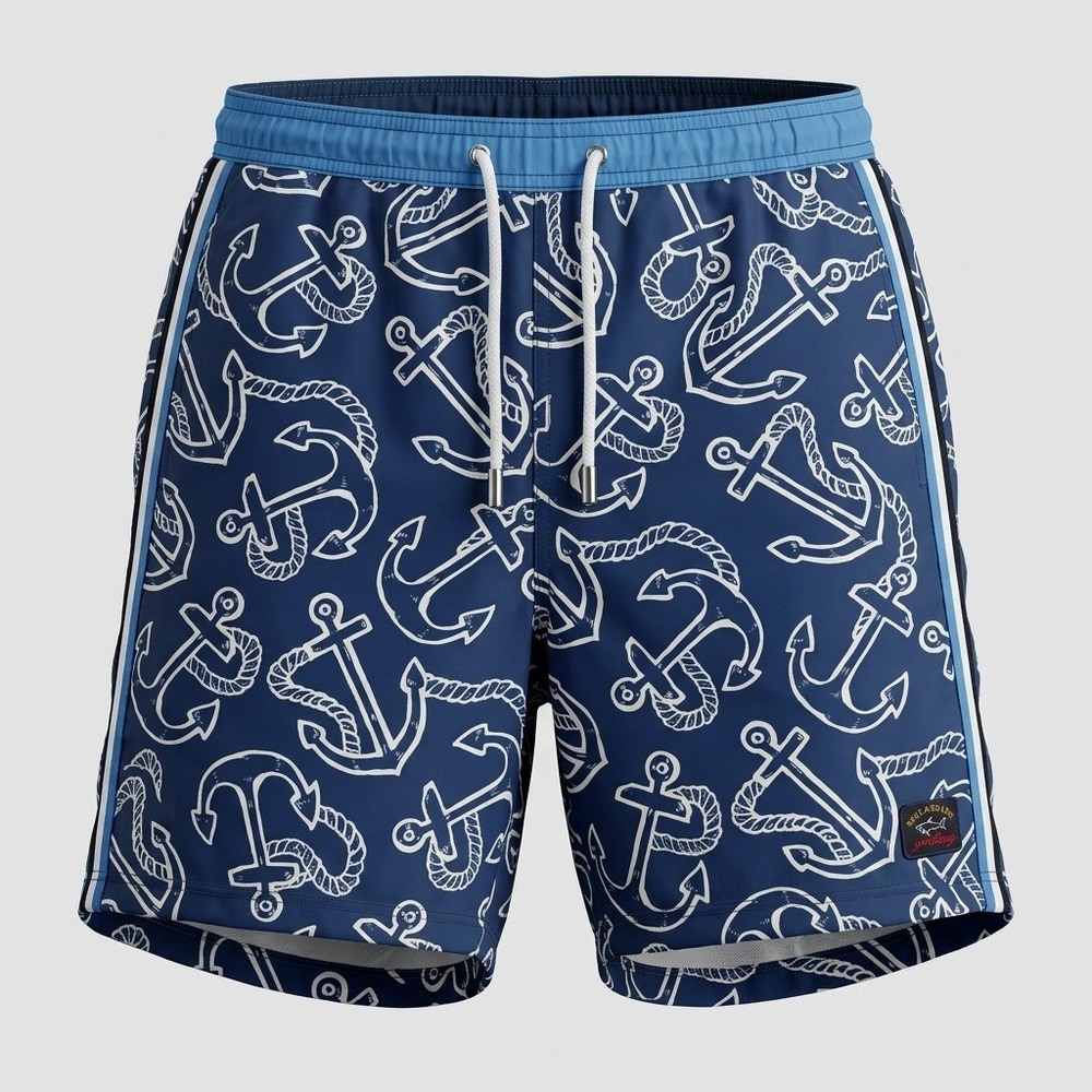 Paul & Shark Swim Trunks Mens L Anchor Print Navy Blue Regular Fit Made in Italy